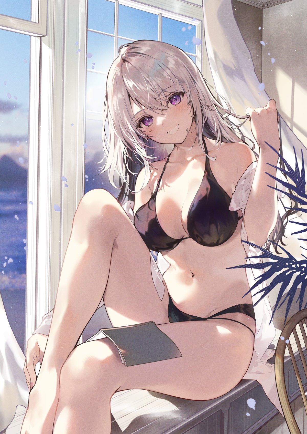 1girl bare_legs bare_shoulders barefoot bikini black_bikini breasts cleavage grin halterneck hand_up head_tilt highres holding holding_hair indoors knee_up large_breasts long_hair looking_at_viewer multi-strapped_bikini navel necomi off_shoulder open_clothes open_shirt original purple_eyes shirt sitting smile solo stomach strap_gap string_bikini swimsuit thighs white_hair white_shirt window