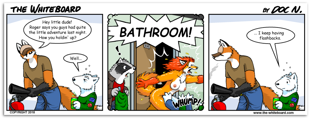 anthro arctic_fox breasts butt canid canine canis clothing doc_nickel duo female fox fur hair hat headgear headwear holding_object jinx_(the_whiteboard) male male/female mammal nipples nude orange_body orange_fur red_fox sandy_(the_whiteboard) smile swampy_(the_whiteboard) tail text the_whiteboard url webcomic webcomic_character