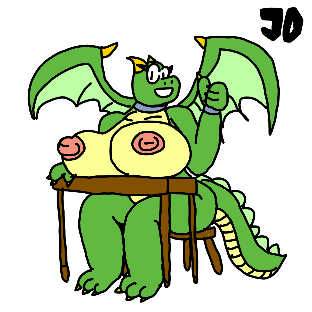 anthro big_breasts binary_drawing breast_rest breasts chair clawed_fingers claws collar countershading cuffs_(clothing) dragon eyelashes female flat_colors furniture gesture green_body horn jimothy_dickerman outline signature simple_background simple_eyes smile smiling_at_viewer solo table tail thumbs_up toe_claws white_background wings