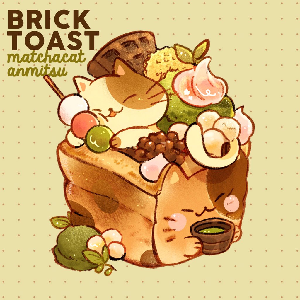 animal_focus blush_stickers cat_loaf cat_tail closed_eyes closed_mouth commentary cup dango english_commentary english_text food food_focus green_background green_tea holding holding_cup ice_cream leaf loaf_of_bread matcha_(food) nao_(bestrollever) no_humans open_mouth original sanshoku_dango smile tail tea wafer wagashi whipped_cream whiskers