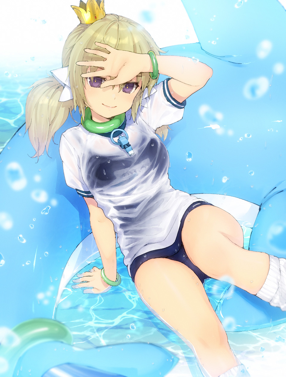 1girl bracelet chiyomarupon_(y1pfq8tm92wcq5m) closed_mouth crown gym_shirt hand_over_face highres jewelry kafuru_(senran_kagura) low_twintails one-piece_swimsuit school_swimsuit senran_kagura shirt sitting smile socks solo swimsuit twintails water whistle whistle_around_neck white_socks