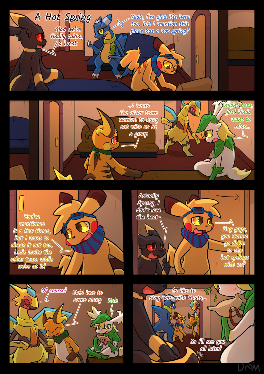 anthro comic dialogue eeveelution flygon gabite generation_1_pokemon generation_2_pokemon generation_3_pokemon generation_4_pokemon group hi_res infinitydoom legendary_pokemon male male/male mostly_nude nintendo orange_eyes pikachu pokemon pokemon_(species) raichu red_eyes scarf scarf_only shaymin sky_forme_shaymin umbreon yellow_eyes