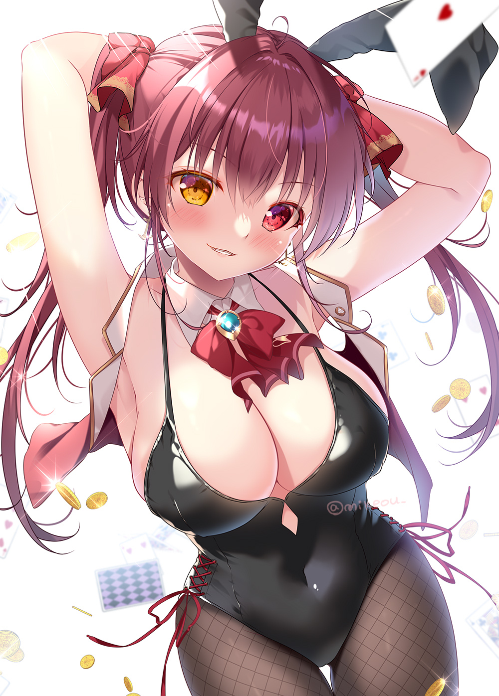 1girl animal_ears armpits arms_up black_leotard black_pantyhose blush breasts card cleavage coin covered_navel detached_collar fake_animal_ears fishnet_pantyhose fishnets gold_coin grin hair_between_eyes hair_ribbon heterochromia highres hololive houshou_marine large_breasts leotard long_hair looking_at_viewer mikeou pantyhose playing_card rabbit_ears red_eyes red_hair ribbon simple_background smile solo standing virtual_youtuber white_background yellow_eyes