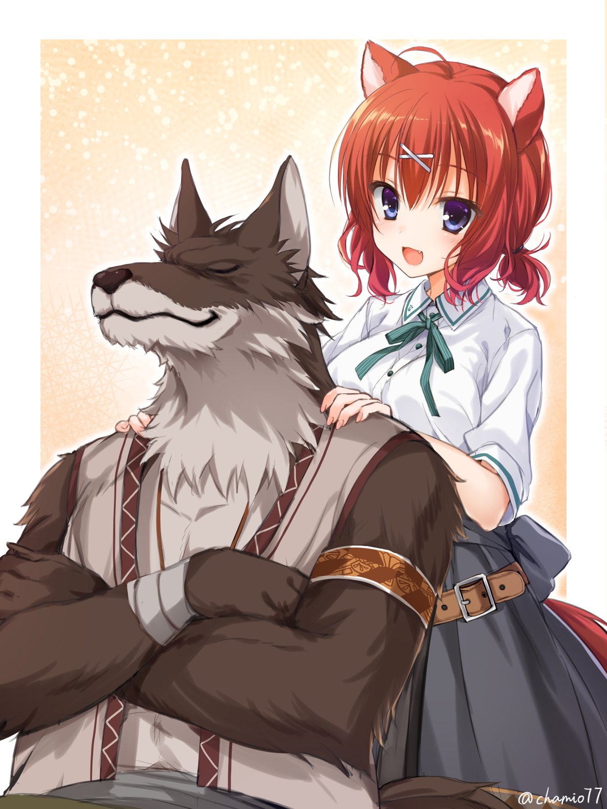 1boy 1girl :3 :d ahoge amairo_islenauts animal_ears belt blue_eyes breasts brown_belt chaamii closed_eyes commentary cowboy_shot dress_shirt eyelashes eyes_visible_through_hair fang father's_day father_and_daughter grey_skirt hair_between_eyes hair_ornament hands_on_another's_shoulders highres large_breasts light_blush long_skirt looking_at_another low_twintails masaki_gaillard massage medium_hair red_hair red_tail shirt short_sleeves short_twintails simple_background skirt smile smug standing tail twintails twitter_username upper_body white_shirt wolf wolf_ears wolf_girl wolf_tail x_hair_ornament yellow_background