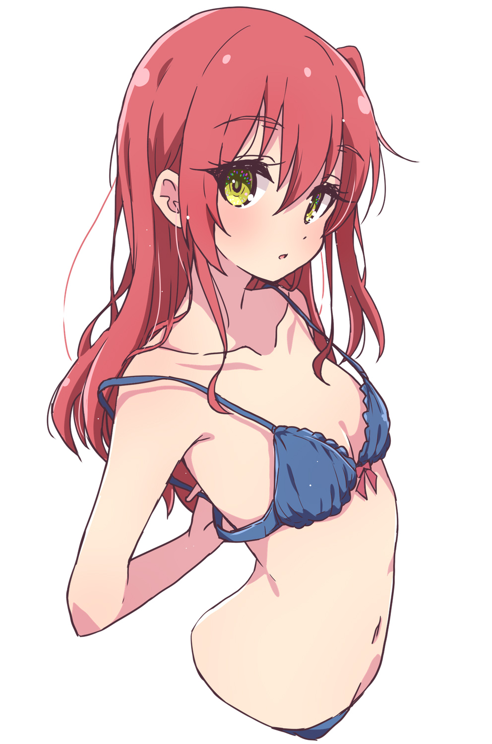 1girl adjusting_bra adjusting_clothes arms_behind_back blue_bra blue_panties bocchi_the_rock! bra breasts collarbone commentary_request green_eyes hair_between_eyes highres kita_ikuyo long_hair looking_at_viewer mel_(melty_pot) panties parted_lips red_hair side_ponytail simple_background small_breasts solo underwear underwear_only white_background