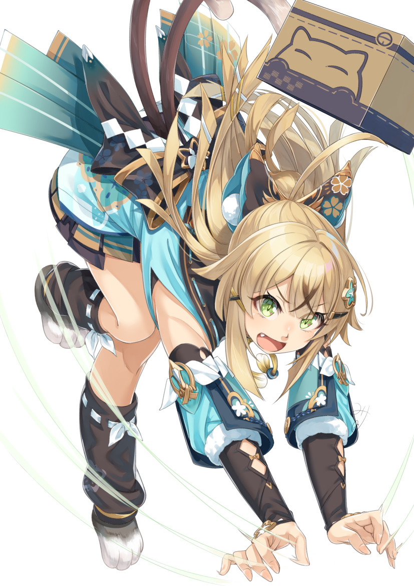 1girl :d animal_ears aqua_shirt bare_shoulders blonde_hair box cardboard_box cat_ears cat_tail commentary_request detached_sleeves fang genshin_impact green_eyes hair_ornament hairclip kirara_(genshin_impact) leg_warmers long_hair long_sleeves miri_(ago550421) multiple_tails open_mouth shirt smile solo tail two_tails very_long_hair