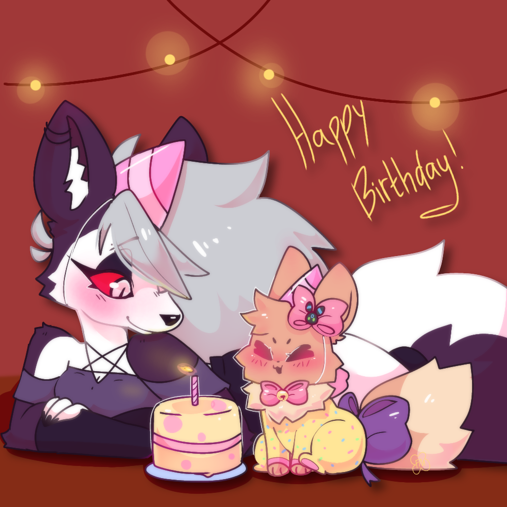 anthro birthday_cake blowing brown_body cake candlelight canid canid_demon clothing daww demon dessert duo eevee eyes_closed female feral fluttermush food generation_1_pokemon gracie_(sweetcupcake) hat headgear headwear hellhound helluva_boss light loona_(helluva_boss) lying mammal nintendo on_front onesie pokemon pokemon_(species) red_eyes ribbons sitting smile text white_body