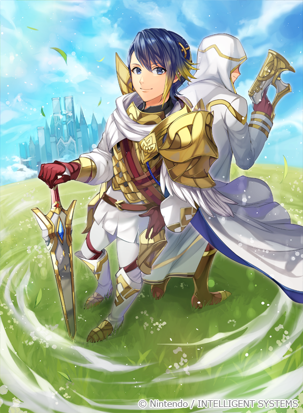 alfonse_(fire_emblem) armor blue_hair cape castle commentary_request faceless faceless_male feather_trim fire_emblem fire_emblem_cipher folkvangr gloves grass gun holding holding_gun holding_weapon hooded_robe kiran_(fire_emblem) kiran_(male)_(fire_emblem) leather leather_gloves matsurika_youko multicolored_hair outdoors robe scale_armor streaked_hair weapon