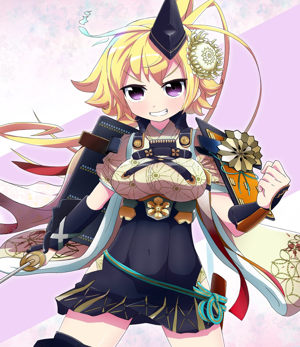 1girl antenna_hair armor asa_no_ha_(pattern) blonde_hair chrysanthemum clenched_hand flower hand_up hat highres holding holding_sword holding_weapon japanese_armor japanese_clothes kote long_hair low_ponytail oomihara open_mouth orange-bird out_of_frame purple_eyes short_sleeves shoulder_armor solo sword tate_eboshi teeth tenka_hyakken v-shaped_eyebrows weapon