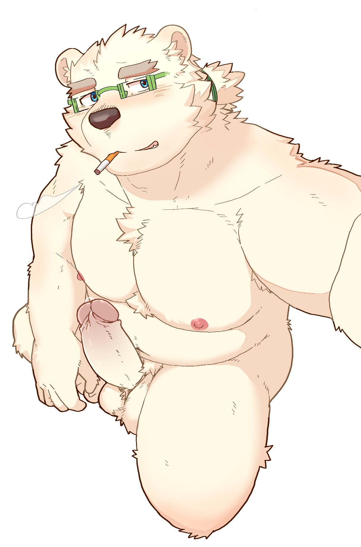 anthro balls bear belly blue_eyes cigarette cigarette_in_mouth erection eyewear fur genitals glasses hagom_bear hi_res leib_(tas) lifewonders male mammal musclegut navel nipples object_in_mouth pecs penis polar_bear smoking solo tokyo_afterschool_summoners ursine white_body white_fur