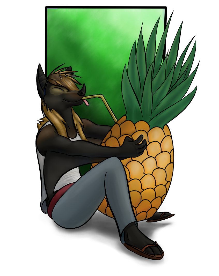 anthro bat border clothed clothing drinking drinking_straw duster_(artist) food fruit male mammal pineapple plant scout_(bat) solo white_border