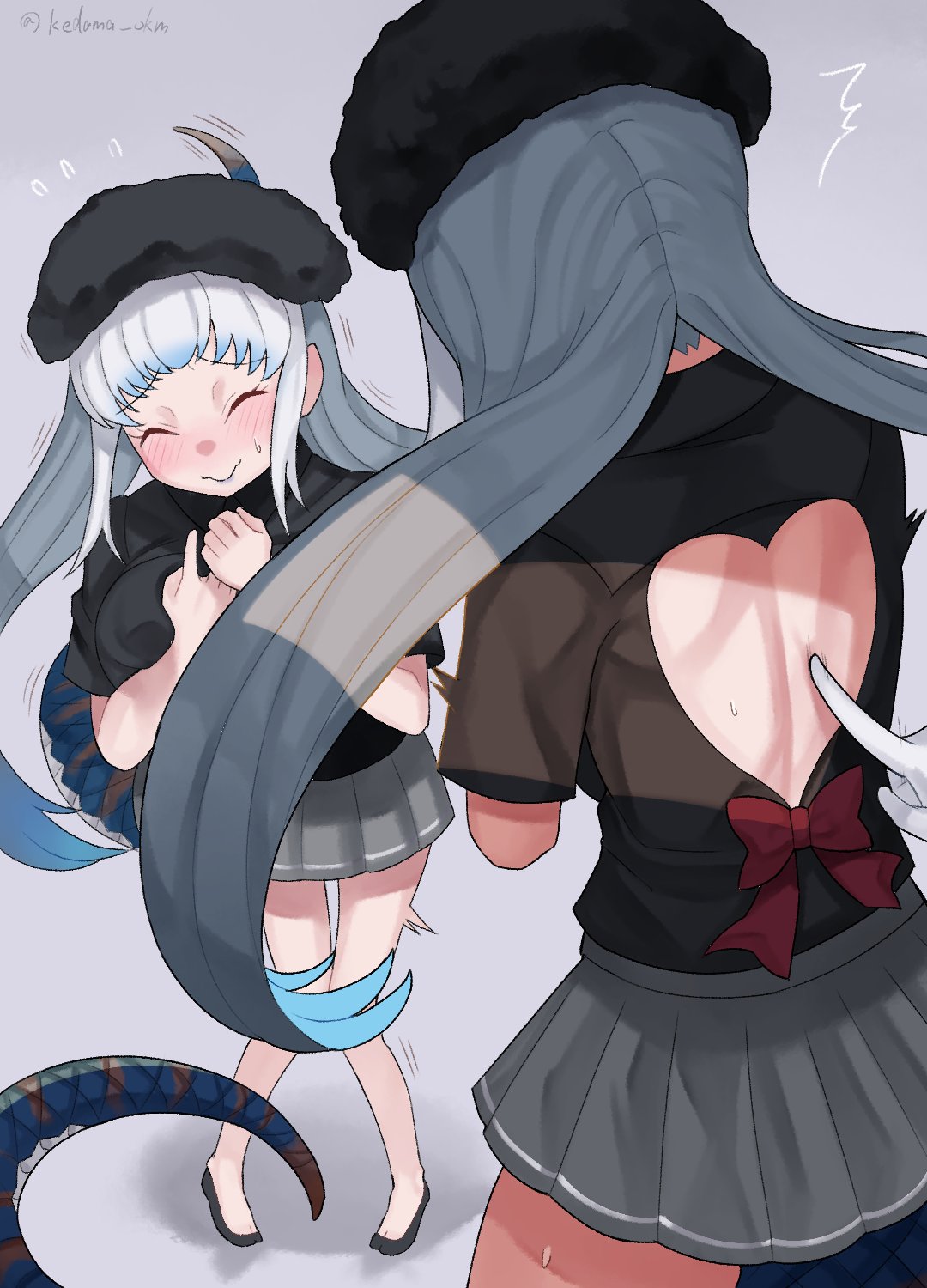 1girl ^^^ alternate_costume back back_bow back_cutout black_shirt blue_hair blush bow closed_eyes clothing_cutout flying_sweatdrops furrowed_brow grey_hair grey_skirt heart_cutout highres kedama_(ughugjydthjdf) kemono_friends knees_together_feet_apart komodo_dragon_(kemono_friends) lizard_tail long_hair multicolored_hair multiple_views nervous nervous_smile pleated_skirt red_bow reptile_girl shirt skirt smile solo standing sweatdrop tail touching_another's_back trembling twintails very_long_hair wavy_mouth