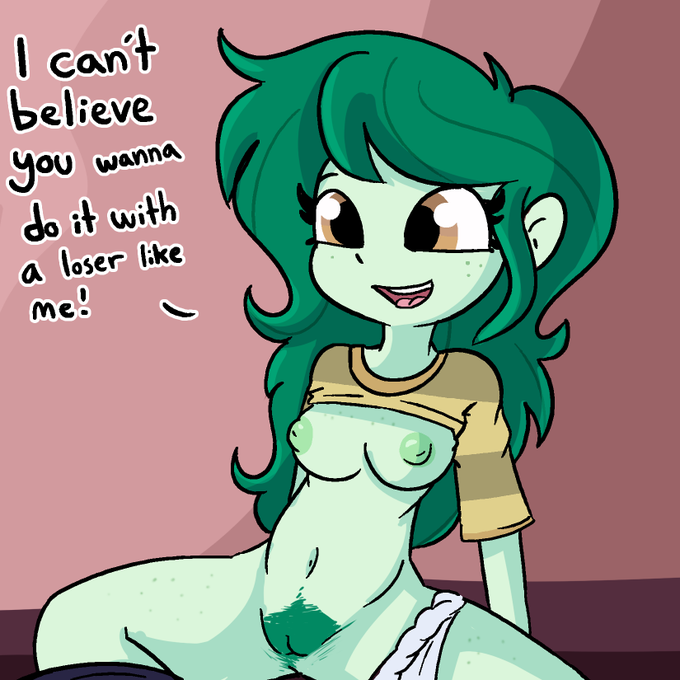 breasts brown_eyes clothed clothing equestria_girls female freckles freckles_on_breasts freckles_on_face freckles_on_leg genitals green_body green_hair green_skin hair hasbro human jtsenop mammal my_little_pony partially_clothed pubes pussy solo speech_bubble text tjpones wallflower_blush_(eg)