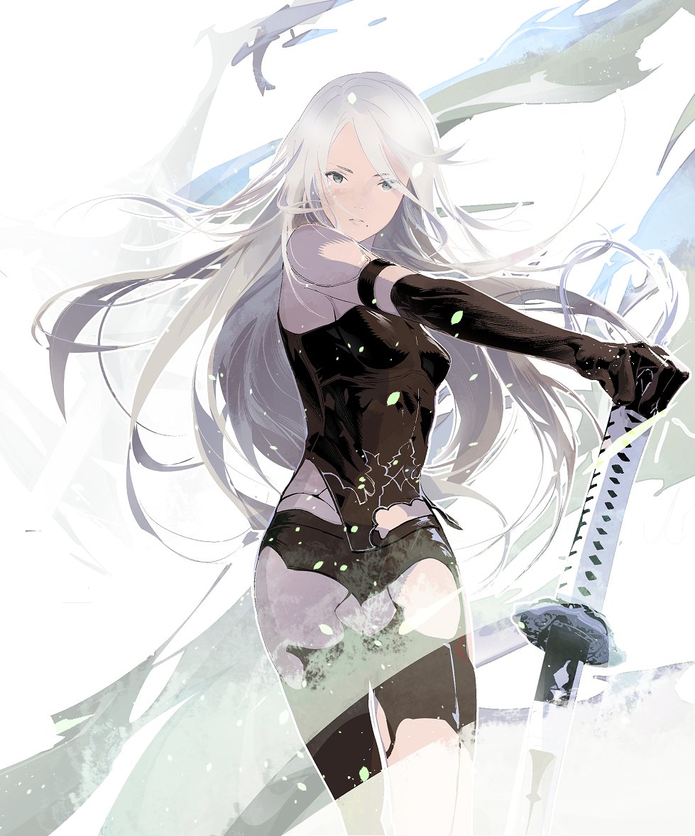 1girl android armlet asymmetrical_legwear black_gloves black_shorts black_tank_top black_thighhighs breasts closed_mouth cofffee cowboy_shot elbow_gloves gloves grey_eyes holding holding_sword holding_weapon joints katana light_particles long_hair looking_at_viewer medium_breasts mismatched_legwear mole mole_under_mouth nier:automata nier_(series) parted_bangs robot_joints short_shorts shorts simple_background single_thighhigh solo standing sword tank_top thighhighs virtuous_contract weapon white_background white_hair yorha_type_a_no._2