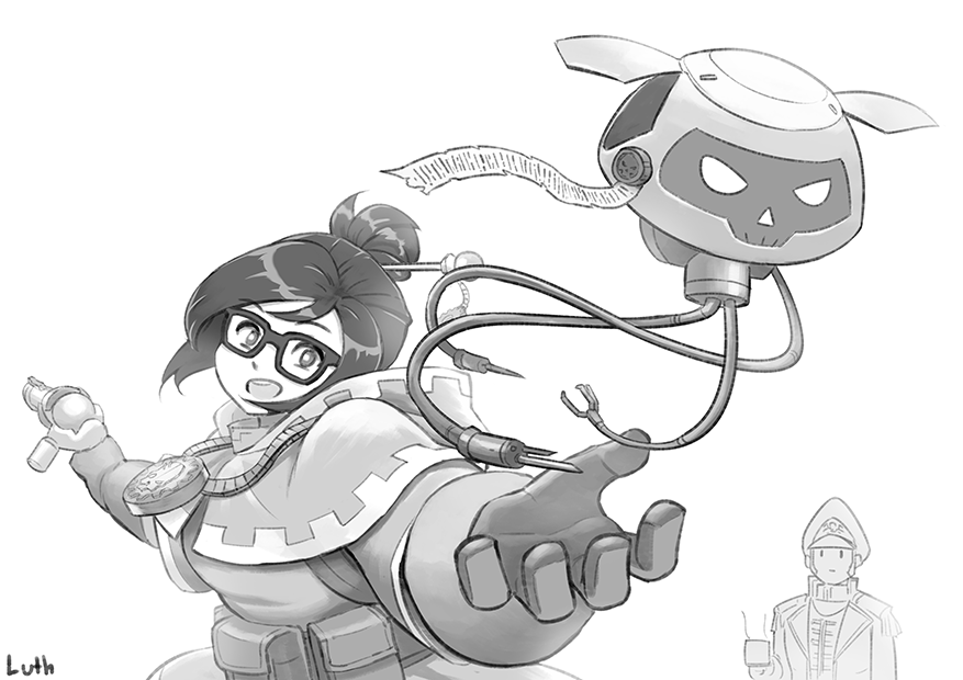 adeptus_mechanicus commissar commission crossover cup glasses greyscale holding holding_cup lutherniel mei_(overwatch) monochrome mug overwatch purity_seal robot servo-skull techpriest warhammer_40k