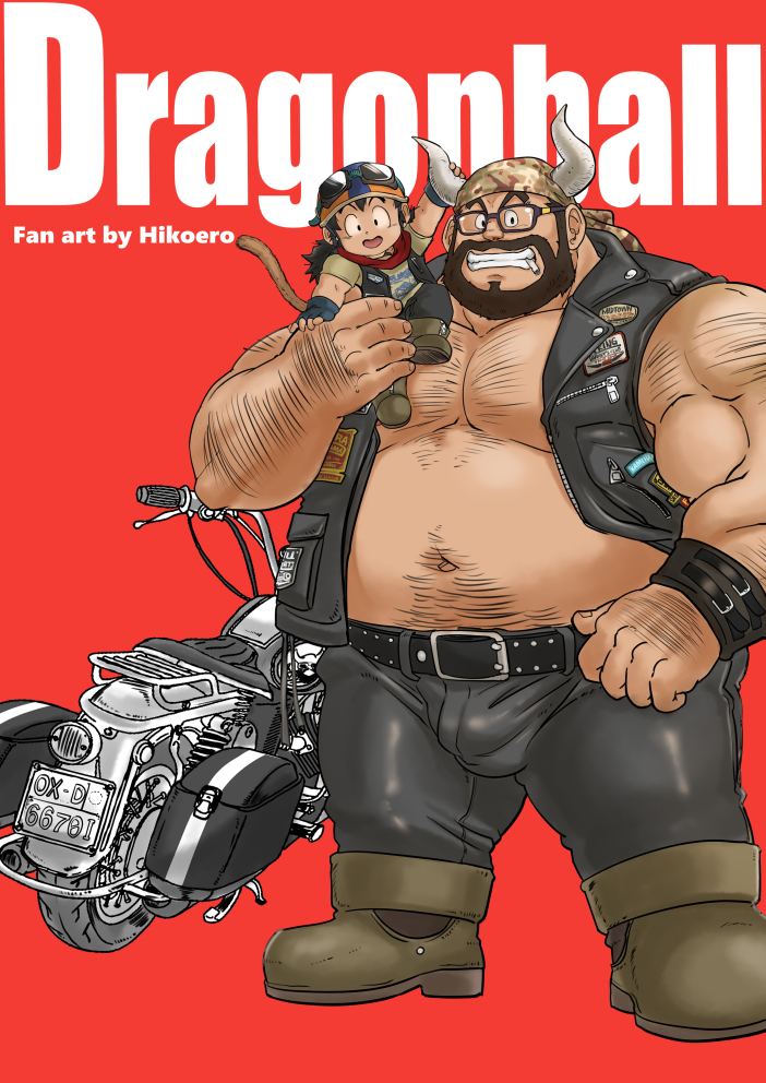 2boys alternate_body_hair alternate_costume arm_hair bara beard belt bulge chest_hair cigarette denim dragon_ball dragon_ball_z facial_hair full_body goggles goggles_on_head grandfather_and_grandson grin gyuu_mao hairy hikoero777 jeans large_pectorals leg_hair looking_at_viewer male_focus mature_male motor_vehicle motorcycle multiple_boys muscular muscular_male navel navel_hair pants pectorals raised_eyebrows sanpaku short_hair sitting_on_shoulder size_difference smile son_gohan standing stomach tail thick_eyebrows