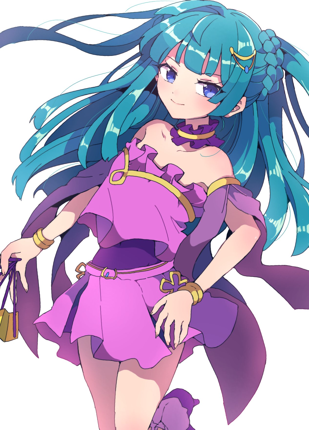 1girl bare_shoulders blue_eyes blue_hair blunt_bangs blunt_ends blush bracelet closed_mouth collar crescent crescent_hair_ornament crop_top detached_collar detached_sleeves folding_fan hair_ornament hand_fan highres holding holding_fan jewelry long_hair looking_at_viewer nojima_minami pretty_(series) pripara purple_collar purple_footwear purple_skirt purple_sleeves simple_background skirt smile solo standing tsukikawa_chiri two_side_up white_background