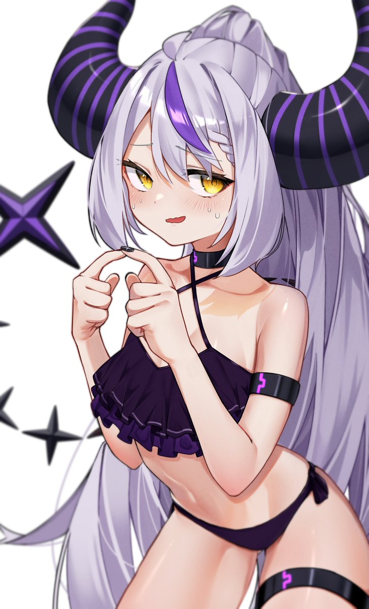 1girl bare_shoulders bikini black_horns black_nails braid braided_bangs breasts dot_keter frilled_bikini frills grey_hair highres hololive horns la+_darknesss long_hair looking_at_viewer multicolored_hair pointy_ears ponytail purple_hair small_breasts streaked_hair striped_horns sweat swimsuit thigh_strap virtual_youtuber yellow_eyes