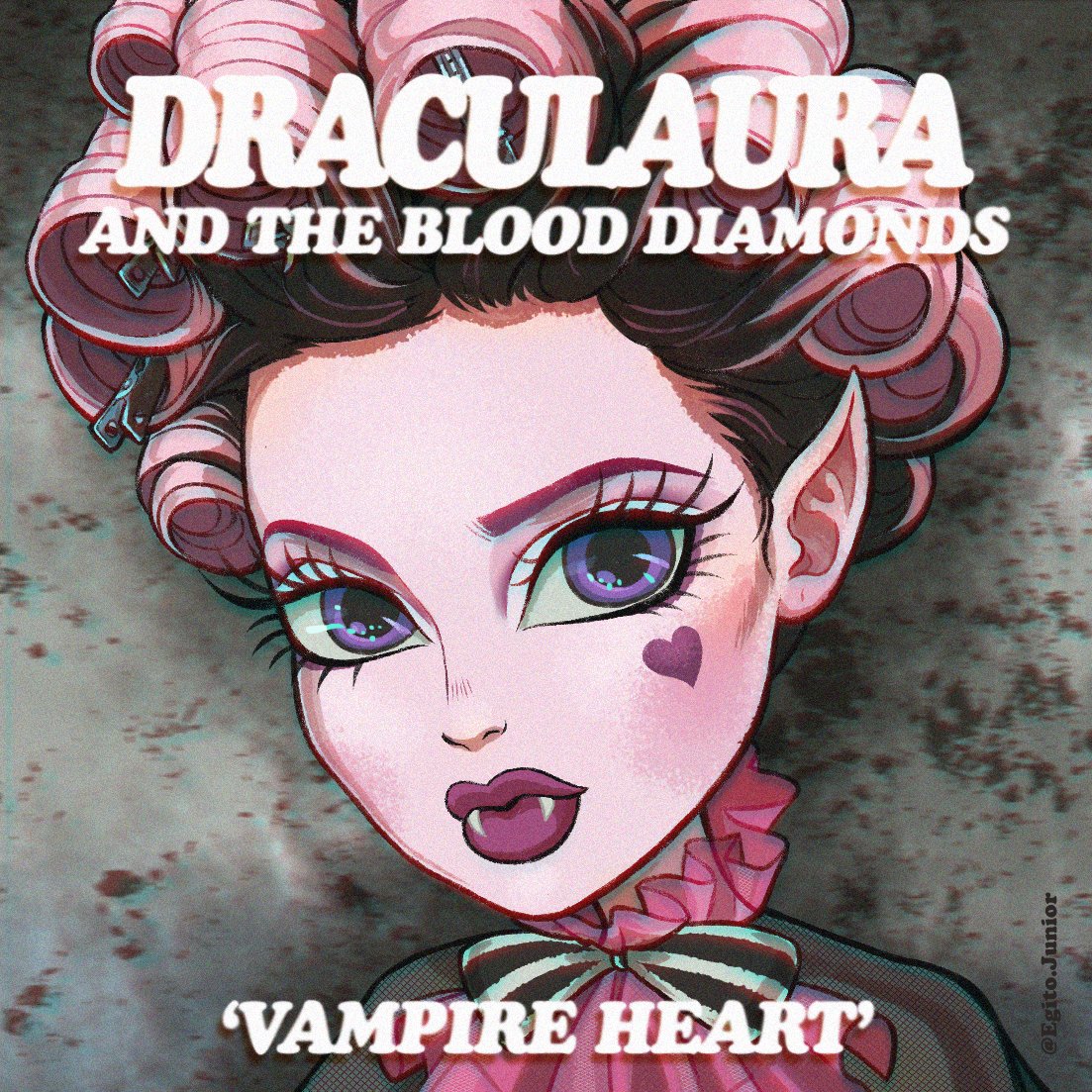 1girl album_cover album_name colored_skin cover draculaura egitojuniior english_text fangs grey_background hair_ornament hairclip heart heart_tattoo looking_at_viewer monster_high parody pink_eyebrows pink_lips pink_skin pointy_ears purple_eyes signature tattoo thick_lips title_parody vampire