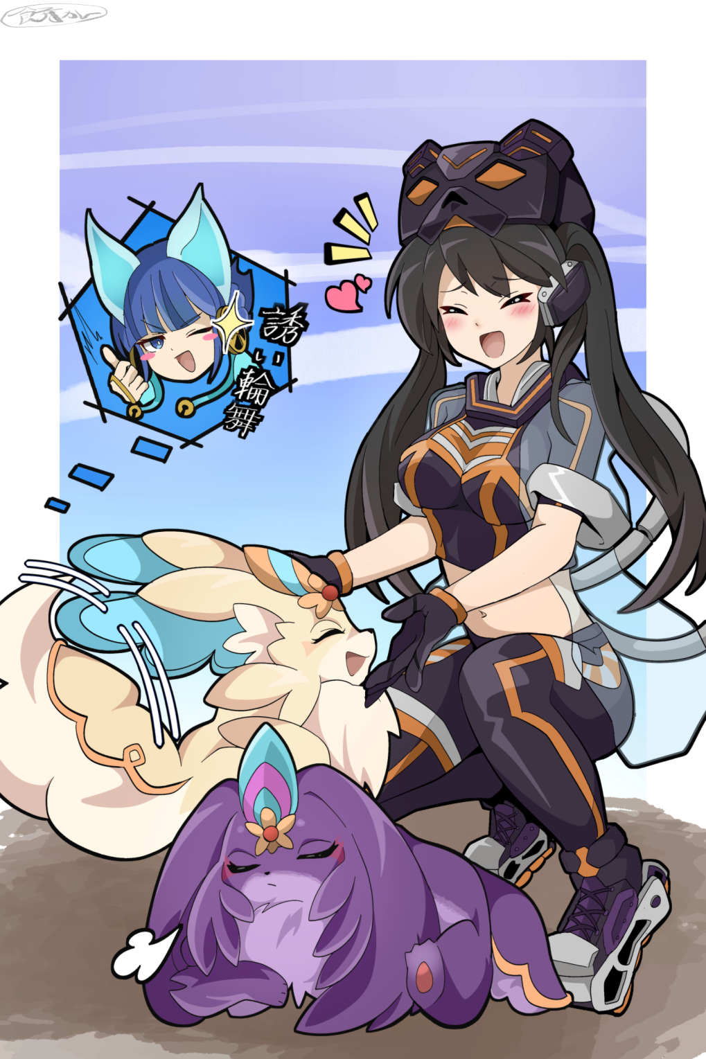 2girls animal_ears black_hair blue_hair blush blush_stickers cat_ears crop_top duel_monster fake_tail full_body hat highres i:p_masquerena long_hair midriff mochi_curry multiple_girls ni-ni_the_mirror_mikanko one_eye_closed open_mouth pants petting pokemon_(creature) purrely purrelyly roller_skates short_hair short_sleeves skates smile squatting tail thumbs_up twintails yu-gi-oh!