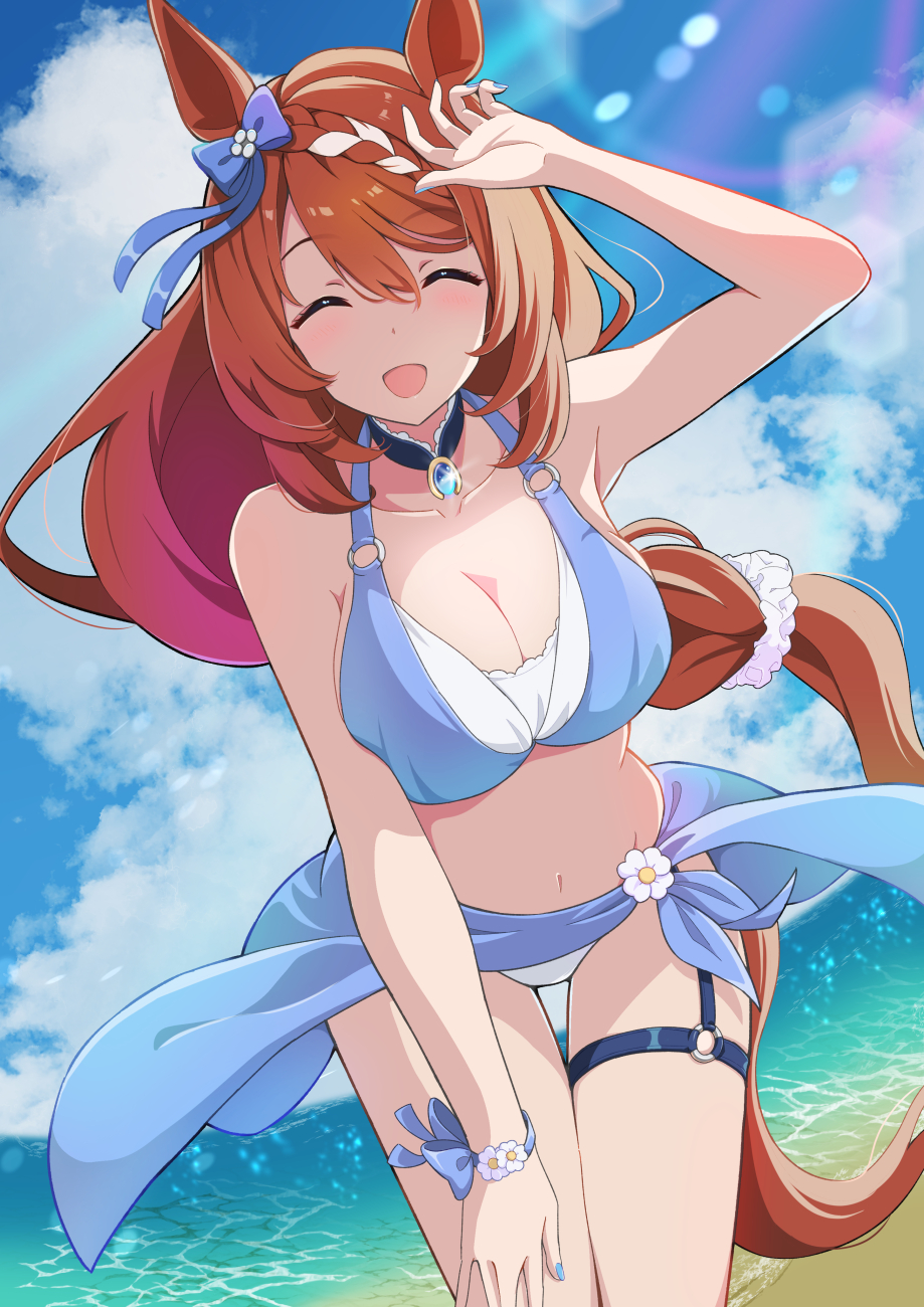 1girl animal_ears arm_up armpits beach bikini blue_bikini blue_bow blue_nails blue_sky bow bracelet breasts brown_hair cleavage closed_eyes cloud cloudy_sky collarbone commentary_request cowboy_shot ear_bow hair_between_eyes hand_on_own_thigh highres horse_ears horse_girl horse_tail jewelry large_breasts long_hair multicolored_hair nail_polish navel necklace ocean open_mouth sand shiromaru_illust sky smile solo streaked_hair super_creek_(umamusume) swimsuit tail thigh_gap thigh_strap umamusume very_long_hair water white_bikini white_hair