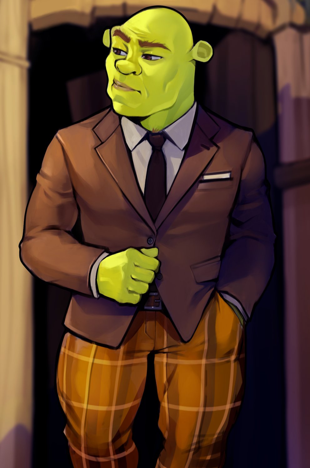 1boy bald black_necktie brown_jacket clenched_hand collared_shirt colored_skin green_skin hand_in_pocket highres jacket loodncrood looking_to_the_side necktie ogre shirt shrek shrek_(series) solo standing white_shirt