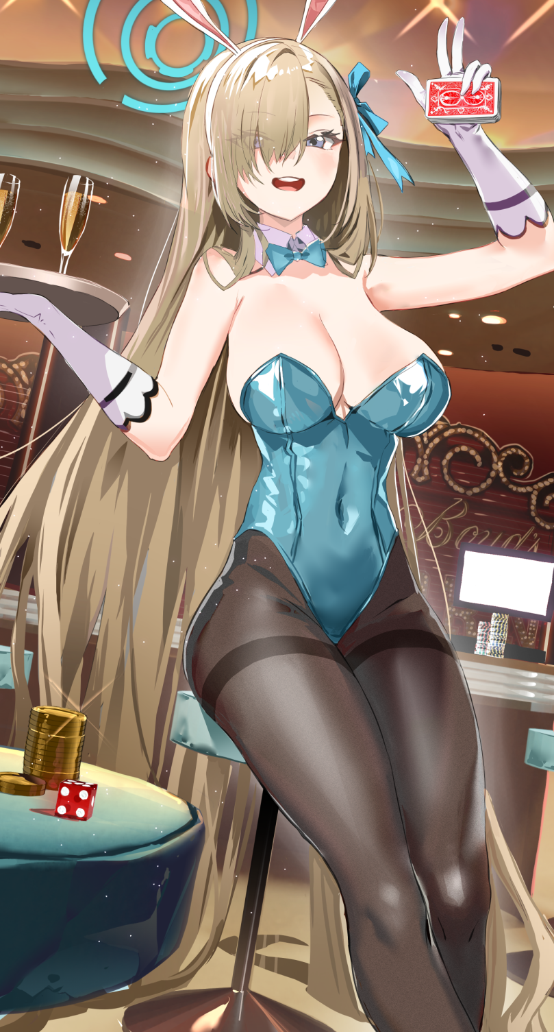 1girl animal_ears asuna_(blue_archive) asuna_(bunny)_(blue_archive) black_pantyhose blue_archive blue_bow blue_bowtie blue_eyes blue_halo blue_leotard blue_ribbon bow bowtie breasts cleavage coin covered_navel detached_collar dice eyes_visible_through_hair fake_animal_ears feet_out_of_frame gloves hair_over_one_eye hair_ribbon halo highres indoors large_breasts leotard light_brown_hair long_hair official_alternate_costume open_mouth pantyhose rabbit_ears ribbon ryoma_(rym_369) smile solo strapless strapless_leotard white_gloves