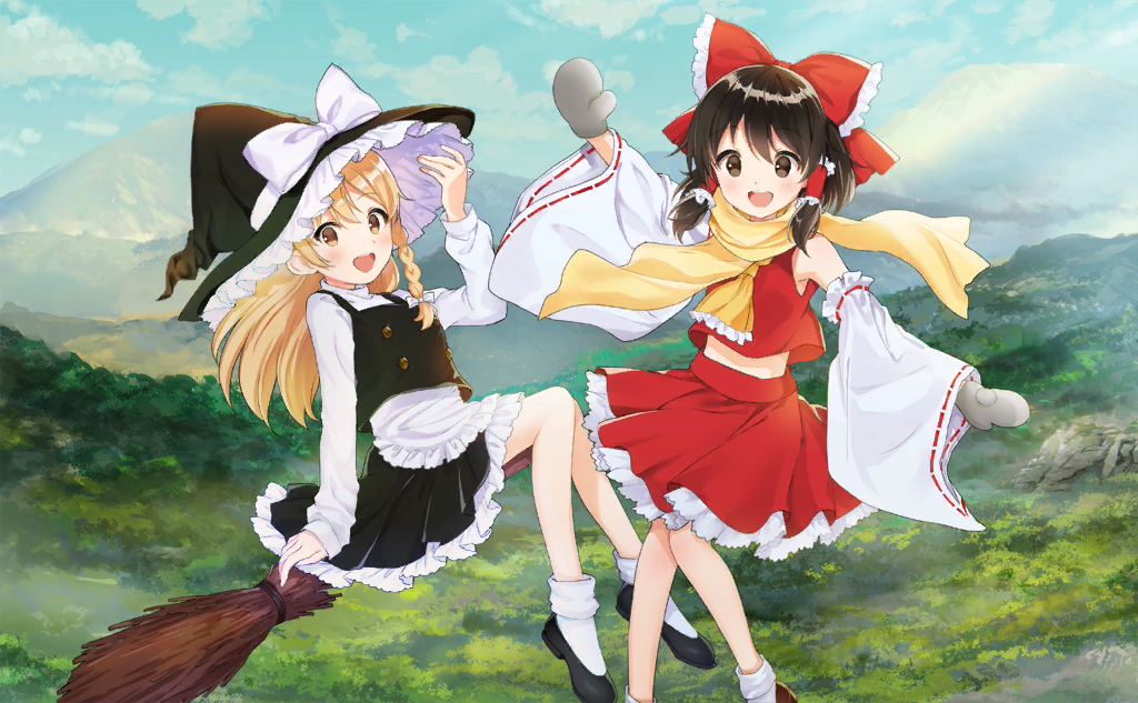 2girls ankle_socks apron arm_up armpit_peek ascot bare_shoulders black_footwear black_headwear black_vest blonde_hair blue_sky bow braid broom broom_riding brown_eyes brown_footwear brown_hair buttons cloud detached_sleeves feet_out_of_frame flying forest frilled_apron frilled_ascot frilled_bow frilled_hair_tubes frilled_headwear frilled_skirt frilled_sleeves frills full_body game_cg grey_mittens hair_bow hair_tubes hakurei_reimu hand_on_headwear hat hat_bow high_heels kirisame_marisa light_blush long_hair long_sleeves midriff miniskirt mountainous_horizon multiple_girls nature official_art open_mouth outdoors pleated_skirt ponytail pumps red_bow red_skirt red_vest ribbon-trimmed_sleeves ribbon_trim rock scarf shirt short_hair single_braid skirt skirt_set sky smile socks teeth touhou touhou_cannonball turtleneck ume_(plumblossom) upper_teeth_only vest waist_apron white_bow white_shirt white_sleeves white_socks wide_sleeves witch_hat yellow_ascot yellow_eyes yellow_scarf