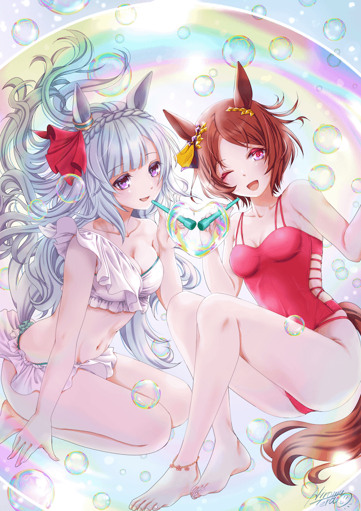 2girls alternate_costume animal_ears bare_shoulders barefoot bikini bikini_skirt braid breasts brown_hair bubble cleavage commentary_request commission crown_braid ear_ornament feet grey_hair heart-shaped_bubbles horse_ears horse_girl horse_tail in_bubble large_breasts long_hair medium_breasts mejiro_ardan_(umamusume) multiple_girls one-piece_swimsuit pink_eyes purple_eyes red_one-piece_swimsuit sakura_laurel_(umamusume) short_hair skeb_commission smile swimsuit tail terao_hiromu umamusume very_long_hair white_bikini