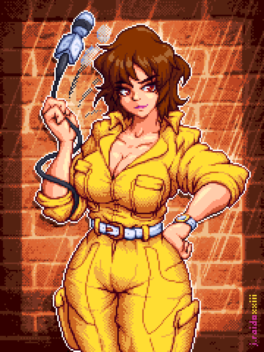 1girl april_o'neil belt breasts brick_wall brown_eyes brown_hair cleavage english_commentary highres holding holding_microphone huge_breasts j.raido jumpsuit looking_at_viewer microphone open_jumpsuit pants pixel_art reporter signature smile solo teenage_mutant_ninja_turtles_(80s) yellow_jumpsuit yellow_pants