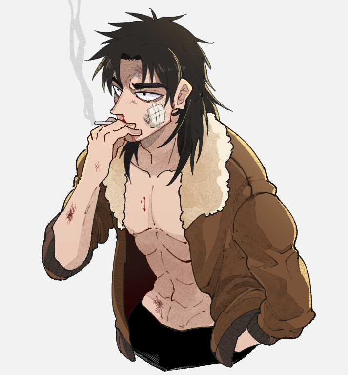 1boy abs black_eyes blood bomber_jacket brown_hair brown_jacket cigarette commentary_request cuts gauze injury inudori itou_kaiji jacket kaiji long_hair long_sleeves looking_afar male_focus medium_bangs no_shirt open_clothes open_jacket parted_bangs scratches simple_background smoke smoking solo upper_body white_background