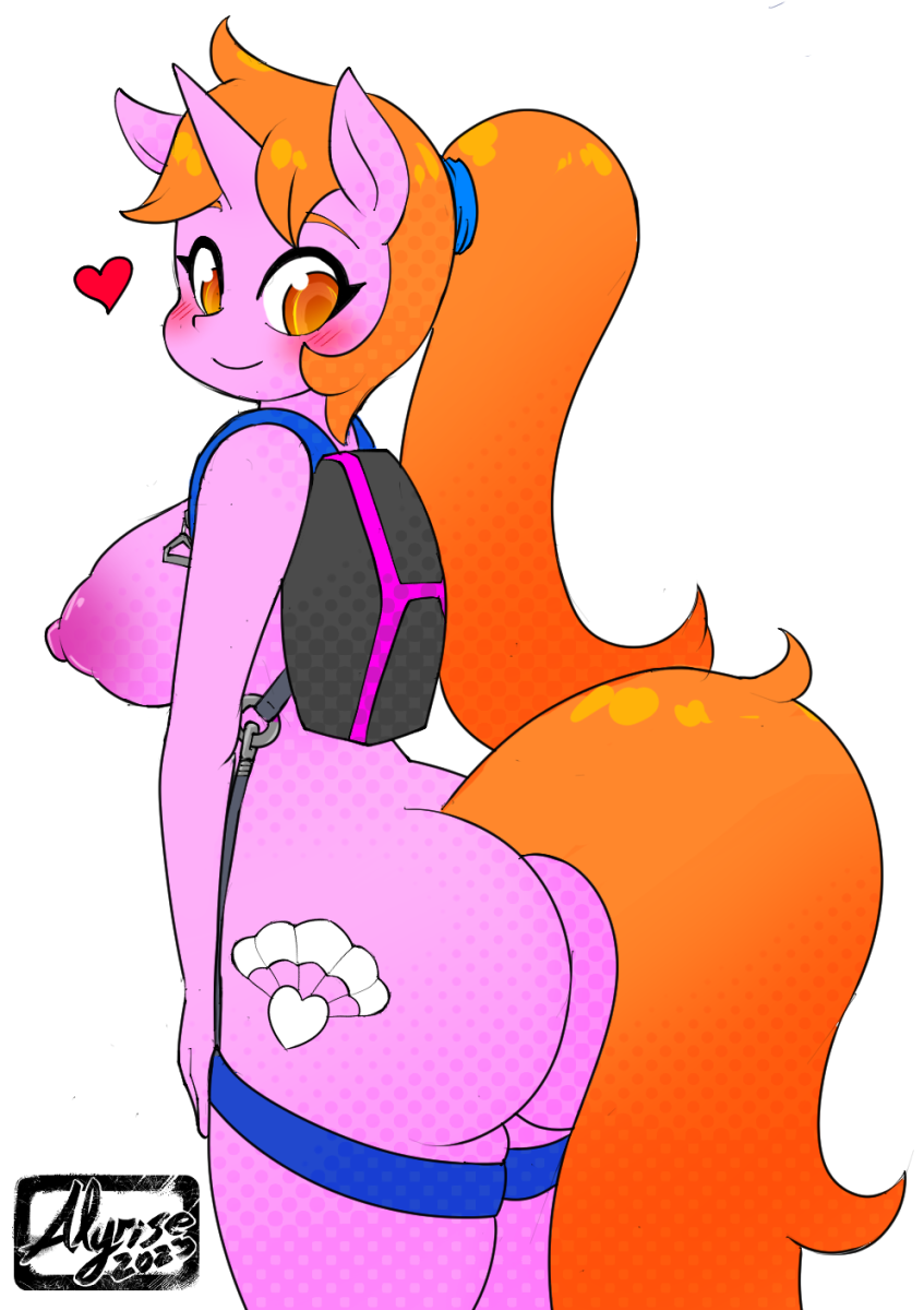 &lt;3 2023 alternate_species alyrise amber_eyes anthro backpack_only big_breasts big_butt blush breasts butt cutie_mark equid equine fan_character female fluffy fluffy_tail fur hair harness hasbro hi_res horn horse huge_butt looking_back mammal my_little_pony nipples nude orange_hair parachute_pack pink_body pink_fur pink_horn pink_nipples pony ponytail rear_view signature simple_background smile solo tail unicorn white_background