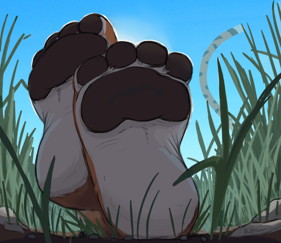 4_toes anthro barefoot feet felid feline first_person_view foot_fetish foot_focus grass macro male mammal pantherine paws plant relaxing soles solo tail toes yolo_45