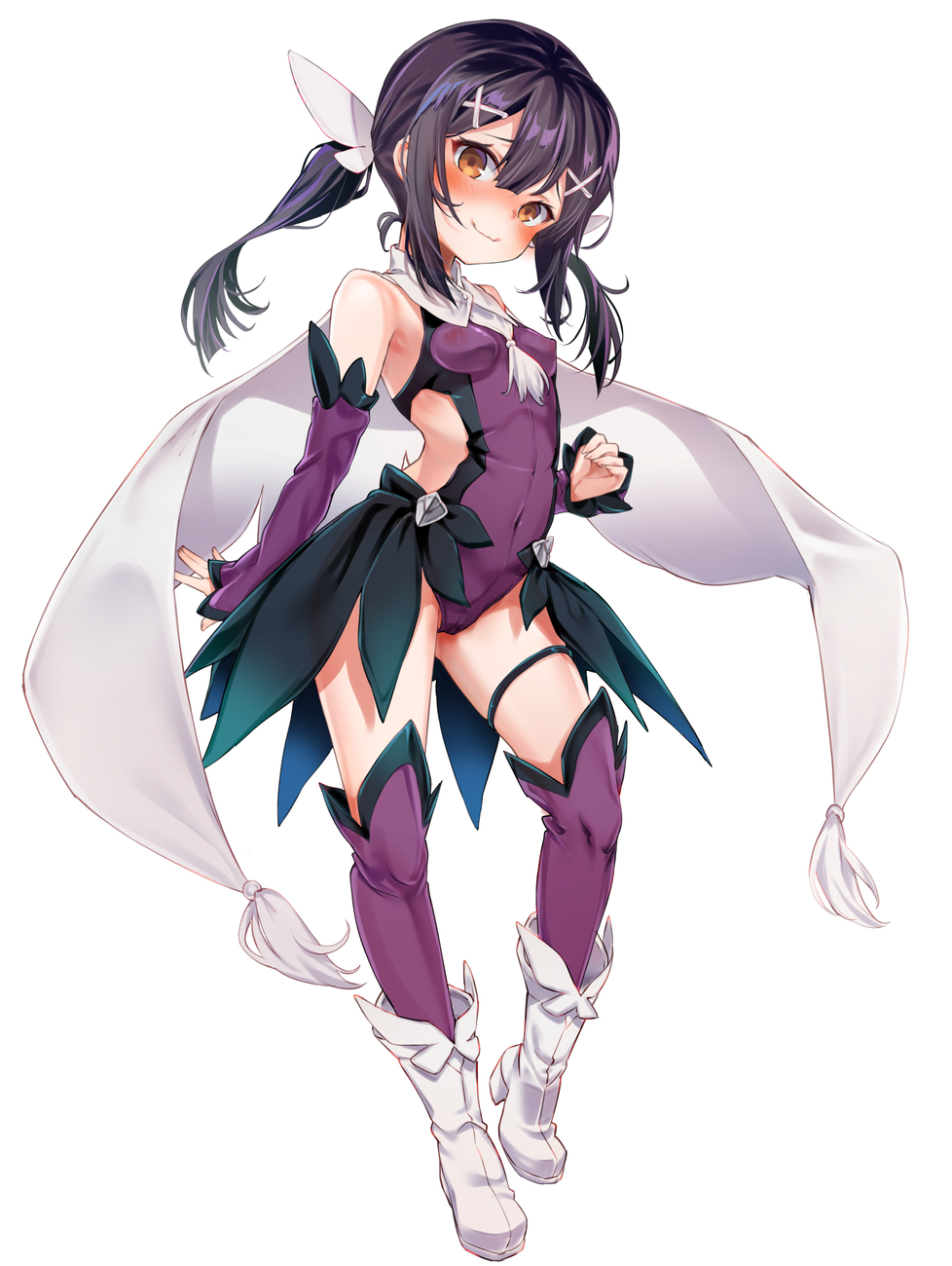 1girl bare_shoulders black_hair blush boots boshi_(a-ieba) breasts brown_eyes cape closed_mouth covered_nipples detached_sleeves fate/kaleid_liner_prisma_illya fate_(series) feather_hair_ornament feathers full_body hair_ornament hairclip highres leotard long_hair looking_at_viewer miyu_edelfelt purple_leotard purple_sleeves purple_thighhighs sidelocks small_breasts smile solo thighhighs thighhighs_under_boots twintails white_background white_cape white_footwear