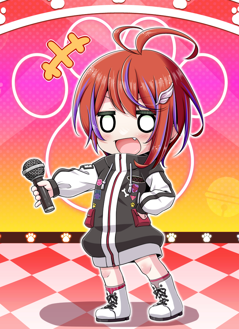 +++ 1girl :d akane_canna antenna_hair black_jacket blank_eyes blush boots checkered_floor commentary_request fang full_body holding holding_microphone jacket lapel_pin long_sleeves looking_at_viewer microphone miso_panda multicolored_hair nanashi_inc. open_mouth paw_print paw_print_background pinky_out pocket purple_hair red_hair short_hair smile solo streaked_hair striped striped_jacket two-tone_hair virtual_youtuber white_footwear white_jacket wing_hair_ornament zipper