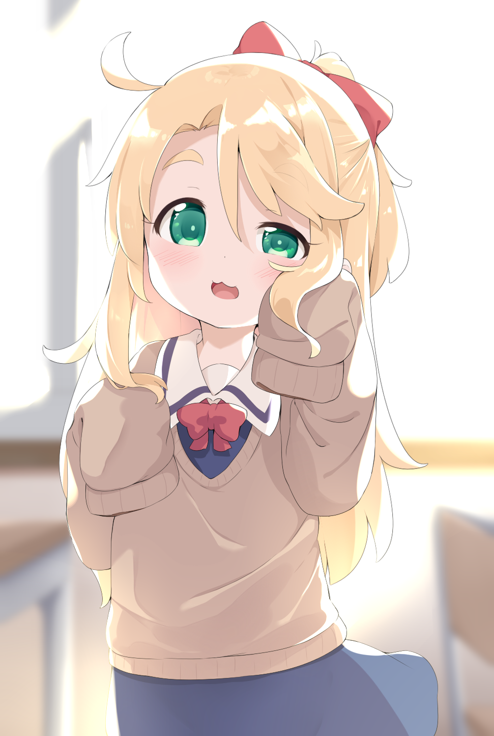 1girl :d backlighting blonde_hair blue_dress blurry blurry_background blush bow brown_sweater chair collared_dress commentary_request day depth_of_field desk dress green_eyes hair_between_eyes hair_bow half-closed_eye hands_up highres himesaka_noa indoors long_hair long_sleeves looking_at_viewer makuran parted_bangs ponytail red_bow school_chair school_desk school_uniform short_eyebrows sleeves_past_fingers sleeves_past_wrists smile solo sunlight sweater thick_eyebrows uneven_eyes very_long_hair watashi_ni_tenshi_ga_maiorita! window