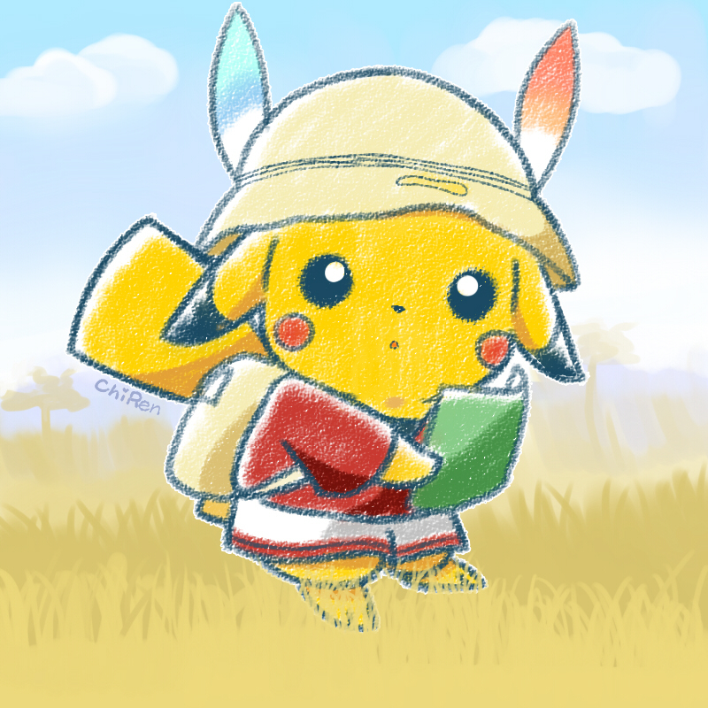 backpack bag black_eyes blue_sky bright_pupils brown_bag chiren_(kc_chen) cloud cosplay grass hat_feather holding holding_map kaban_(kemono_friends) kaban_(kemono_friends)_(cosplay) kemono_friends map open_mouth outdoors pikachu pokemon red_shirt shirt shorts sky solo white_pupils white_shorts