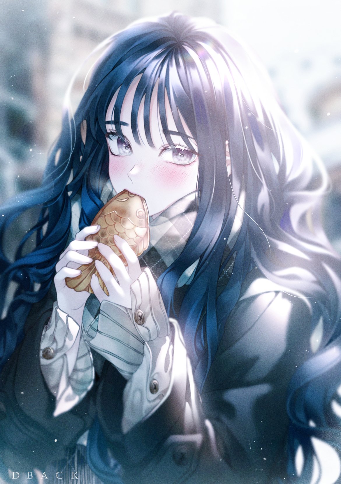1girl argyle argyle_scarf artist_name biting black_coat blue_hair blurry blush choppy_bangs coat dback depth_of_field eating food grey_eyes hands_up highres holding holding_food light_particles long_hair long_sleeves original scarf sleeves_past_wrists solo taiyaki upper_body wagashi winter_clothes