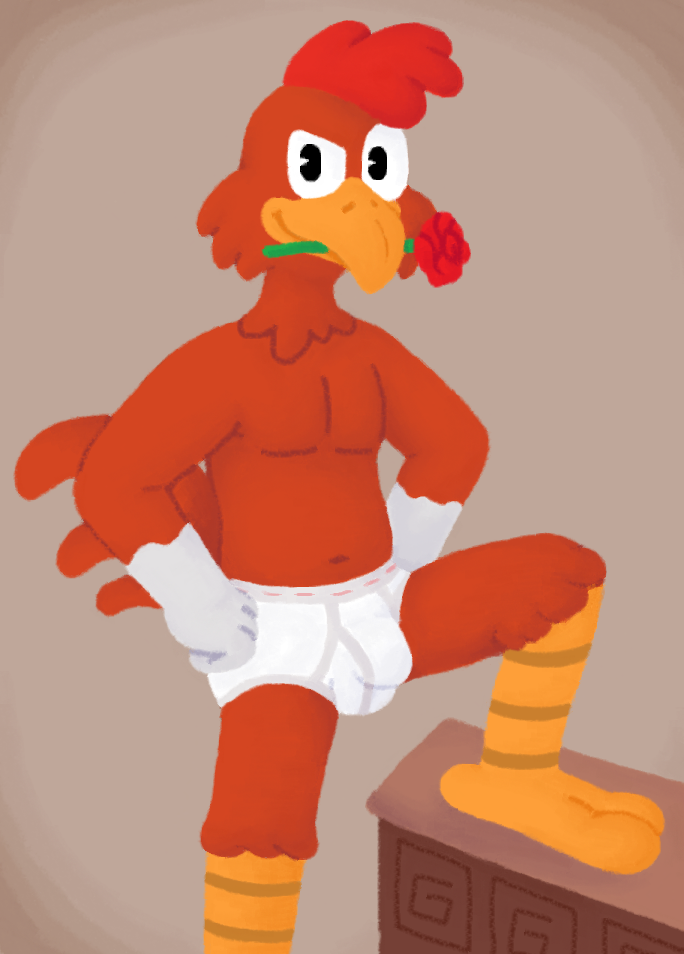 anthro avian barefoot beak bird black_eyes briefs briefs_only brown_background bulge chicken clothed clothing detailed_background disney feathers feet flower flower_in_mouth galliform gallus_(genus) gramy male orange_beak orange_feet orange_legs panchito_pistoles phasianid plant red_body red_feathers rose_(flower) rose_in_mouth seductive simple_background smile solo tighty_whities topless underwear underwear_only white_briefs white_clothing white_underwear