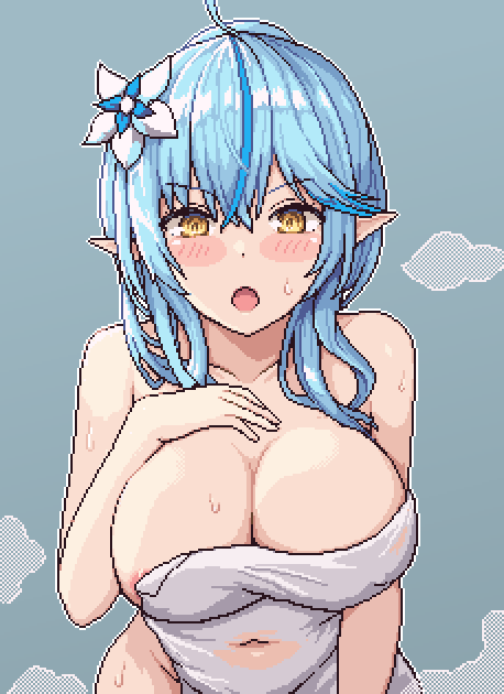 1girl ahoge areola_slip bare_shoulders blue_background blue_hair blush_stickers breasts cleavage collarbone covered_navel flower hair_flower hair_ornament hololive large_breasts naked_towel navel open_mouth pixel_art pointy_ears simple_background solo steam towel virtual_youtuber yellow_eyes yukihana_lamy zou_eita