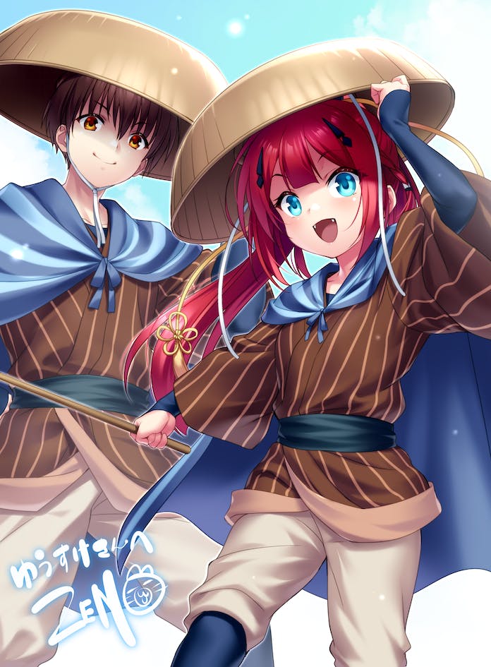 &gt;:) 1boy 1girl :d alternate_costume aqua_eyes arm_up blue_cloak blue_sky blunt_bangs brown_eyes brown_hair cloak closed_mouth clothing_request commentary_request commission cowboy_shot day eyelashes fangs hair_between_eyes hair_ornament hairclip happy holding holding_stick kamiyama_shiki light_blush long_hair long_sleeves looking_at_viewer open_mouth outdoors red_hair shaded_face short_hair skeb_commission sky smile standing stick summer_pockets takahara_hairi twintails v-shaped_eyebrows watermark wide_sleeves zen_(kamuro)