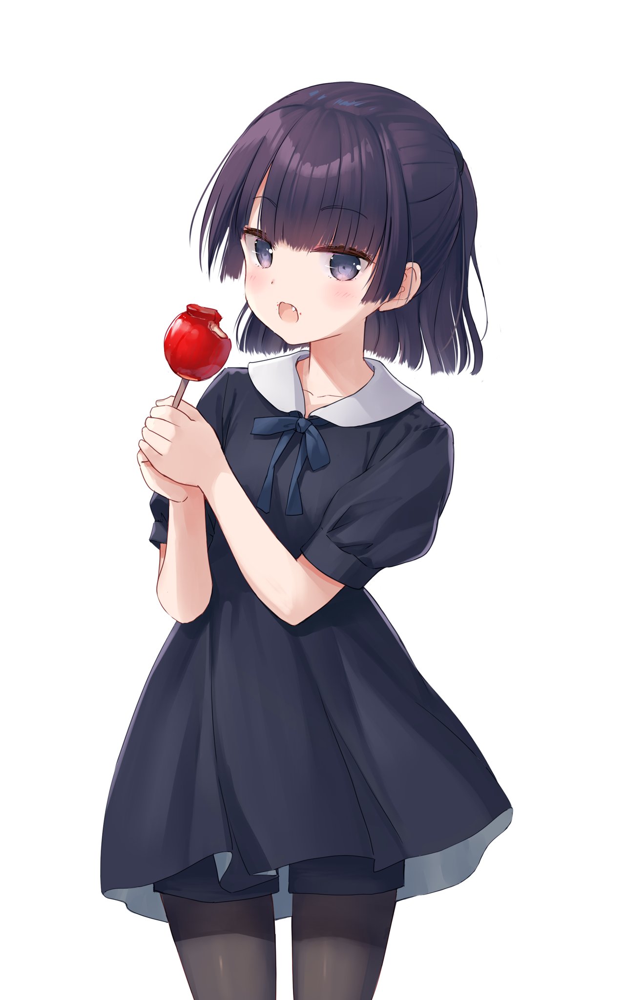 1girl black_bow black_bowtie black_dress black_eyes black_hair black_pants black_pantyhose blunt_bangs blunt_ends blush bow bowtie candy_apple collar collarbone commentary cropped_legs dress eating fang food food_on_face highres holding holding_food looking_at_viewer na-ga open_mouth original pants pants_under_skirt pantyhose puffy_short_sleeves puffy_sleeves short_dress short_hair short_sleeves simple_background solo white_background white_collar