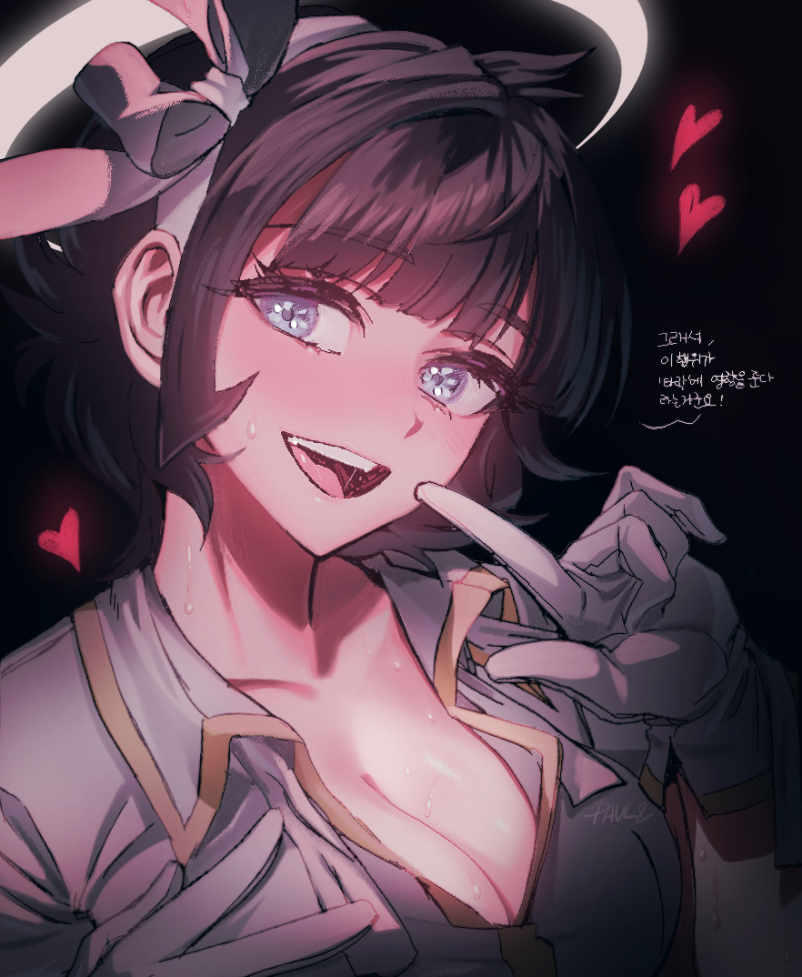 1girl :d artist_name azazel_(helltaker) black_background black_hair blue_eyes blunt_bangs blush breasts cleavage close-up collarbone commentary_request english_commentary eyelashes finger_to_cheek gloves hair_ribbon hairband halo hand_on_own_chin head_tilt heart helltaker index_finger_raised korean_commentary korean_text large_breasts looking_at_viewer mixed-language_commentary nose_blush open_mouth partially_unbuttoned paulandcookie pointing pointing_at_self portrait ribbon shirt short_hair sidelocks signature smile solo sweat sweating_profusely teeth thick_eyebrows tongue translation_request upper_teeth_only white_gloves white_hairband white_ribbon white_shirt