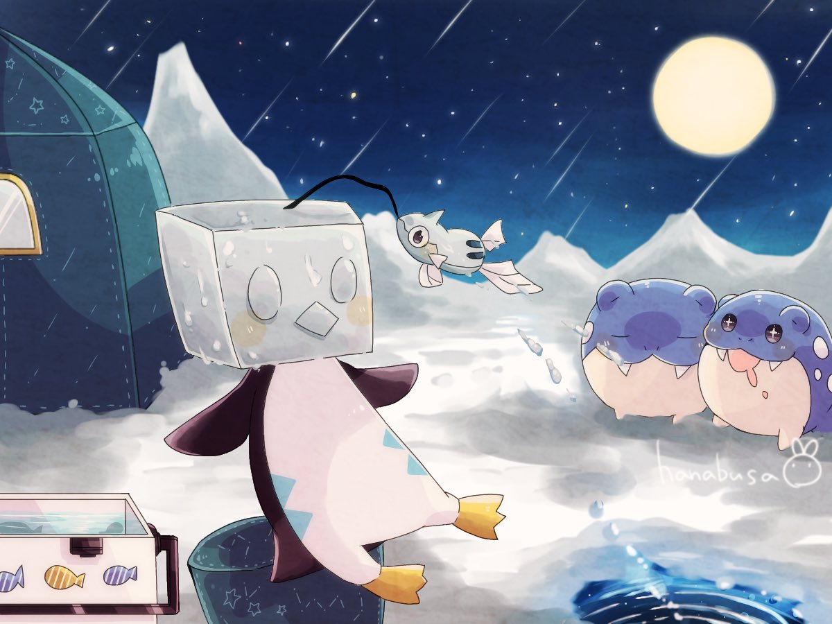 +_+ animal_focus animal_print bird closed_eyes commentary_request eiscue eiscue_(ice) fish fish_print hanabusaoekaki moon night night_sky no_humans open_mouth penguin pokemon pokemon_(creature) remoraid sitting sky snow snowing solid_oval_eyes spheal star_(sky)