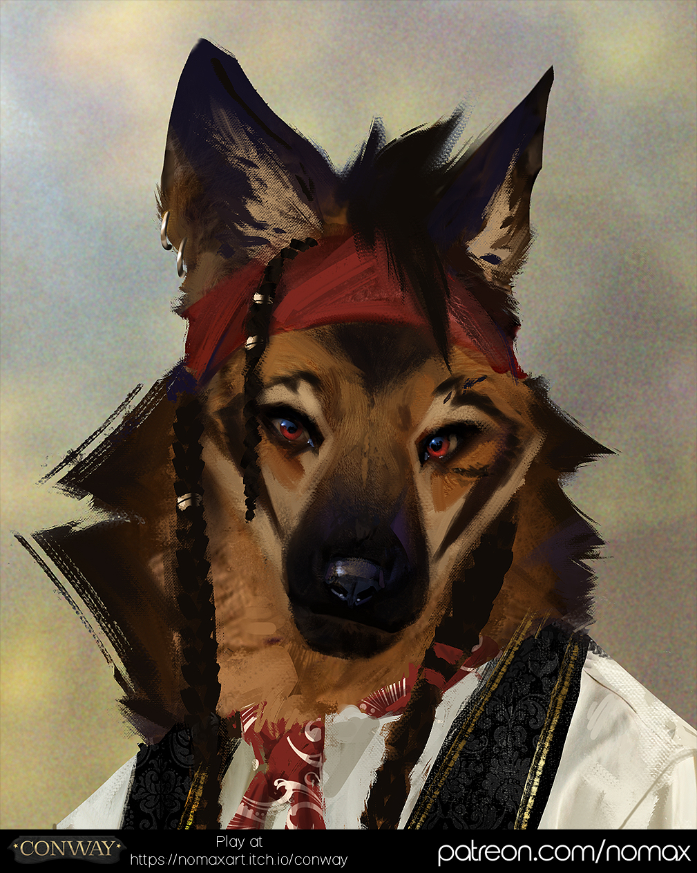 accessory anthro bandanna_on_forehead black_hair black_nose brown_body brown_fur canid canine clothed clothing ear_piercing ear_ring facial_markings fur hair head_markings headshot_portrait hi_res inner_ear_fluff looking_at_viewer male mammal maned_wolf markings nomax piercing portrait red_eyes ring_piercing samuel_(conway) shirt solo topwear tuft white_clothing white_shirt white_topwear