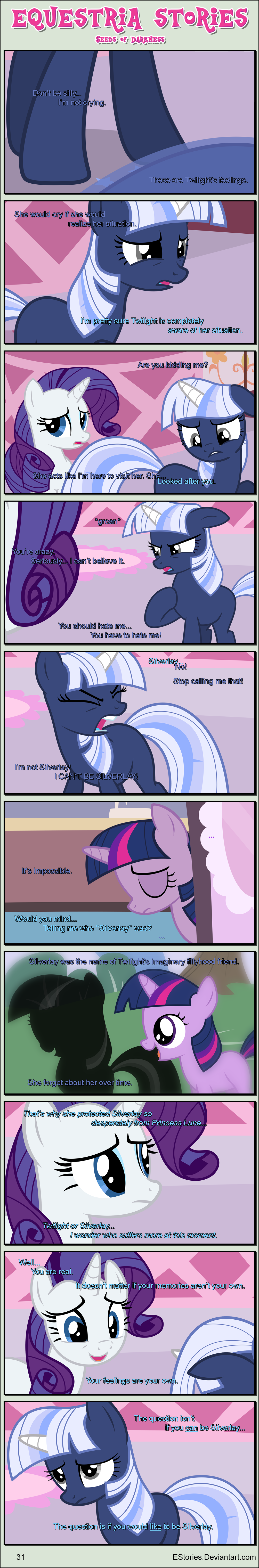 absurd_res bandage bandaged_horn bangs carpet dialogue ears_up equid equine estories eyes_closed female feral friendship_is_magic group hasbro hi_res horn inside long_image mammal my_little_pony no_cutiemark open_mouth rarity_(mlp) sad silverlay_(estories) tall_image trio twilight_sparkle_(mlp) unicorn worried yelling
