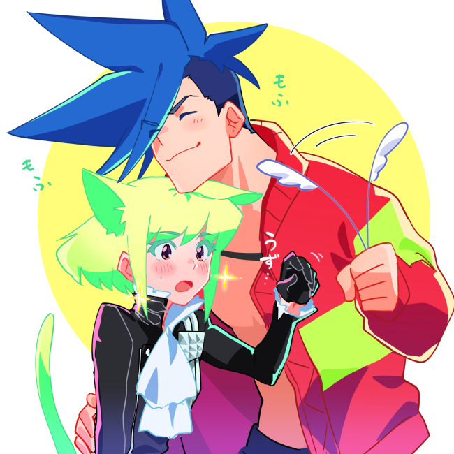 2boys :o animal_ears ascot asymmetrical_hair black_gloves black_jacket blue_hair blush cat_boy cat_ears cat_tail cat_teaser closed_eyes colored_eyelashes firefighter_jacket galo_thymos gloves green_hair half_gloves hand_on_another's_back head_on_head head_rest height_difference holding jacket kemonomimi_mode lio_fotia male_focus mohawk multiple_boys muscular muscular_male no_shirt ns1123 open_mouth otoko_no_ko promare purple_eyes red_jacket short_hair sidecut sidelocks smile sweatdrop tail undercut white_ascot white_background yaoi