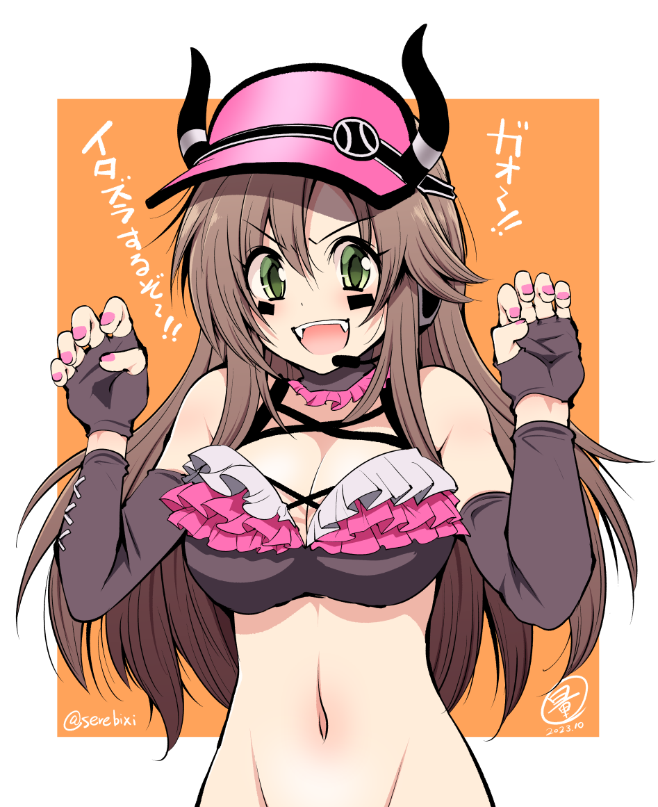 1girl :d black_gloves black_horns black_sleeves breasts brown_hair cleavage commentary_request detached_sleeves facial_mark fangs fingerless_gloves gloves green_eyes groin hair_between_eyes headset himekawa_yuki horns idolmaster idolmaster_cinderella_girls long_hair looking_at_viewer medium_breasts navel orange_background out-of-frame_censoring pink_headwear serebi_ryousangata smile solo teeth translation_request twitter_username two-tone_background upper_teeth_only visor_cap white_background