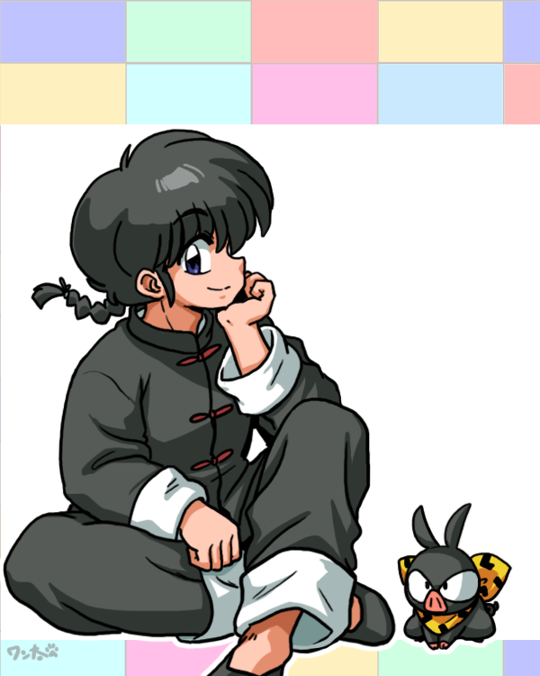 angry artist_name bandana black_footwear black_hair blue_eyes braid braided_ponytail chinese_clothes happy on_floor p-chan pig ranma_1/2 saotome_ranma simple_background sitting wanta_(futoshi) white_background yellow_bandana