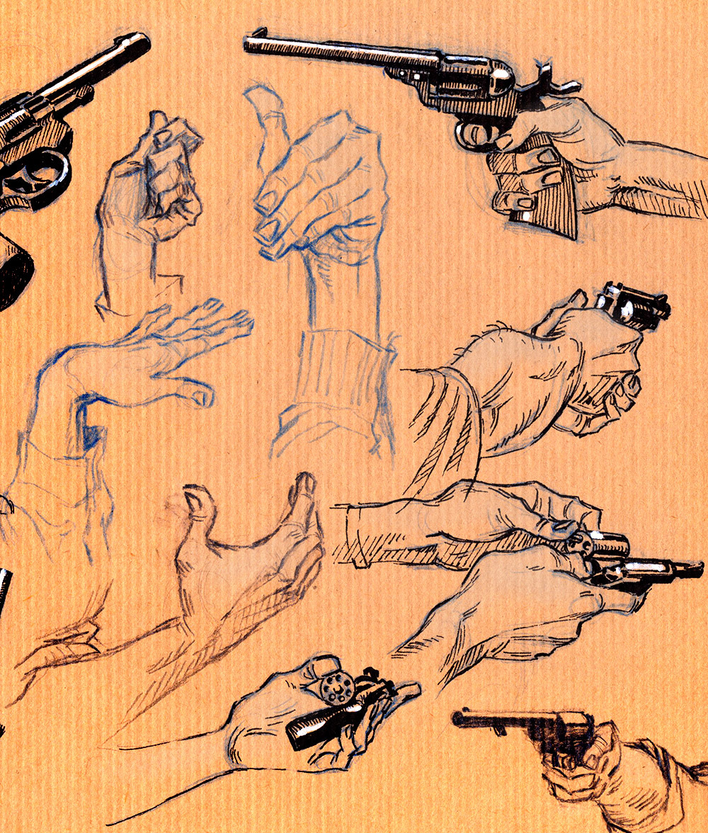 amandajespersenholm ammunition cartridge clenched_hand cocked_hammer colored_lineart colored_pencil_(medium) colt_single_action_army commentary disembodied_limb english_commentary finger_on_trigger fingernails fingers gun hand_focus handgun hatching_(texture) holding holding_gun holding_weapon limited_palette linear_hatching lineart marker_(medium) open_cylinder_(revolver) original own_hands_together perspective reloading revolver s&amp;w_m10 sketch sleeves_past_elbows snubnosed_revolver traditional_media variations weapon